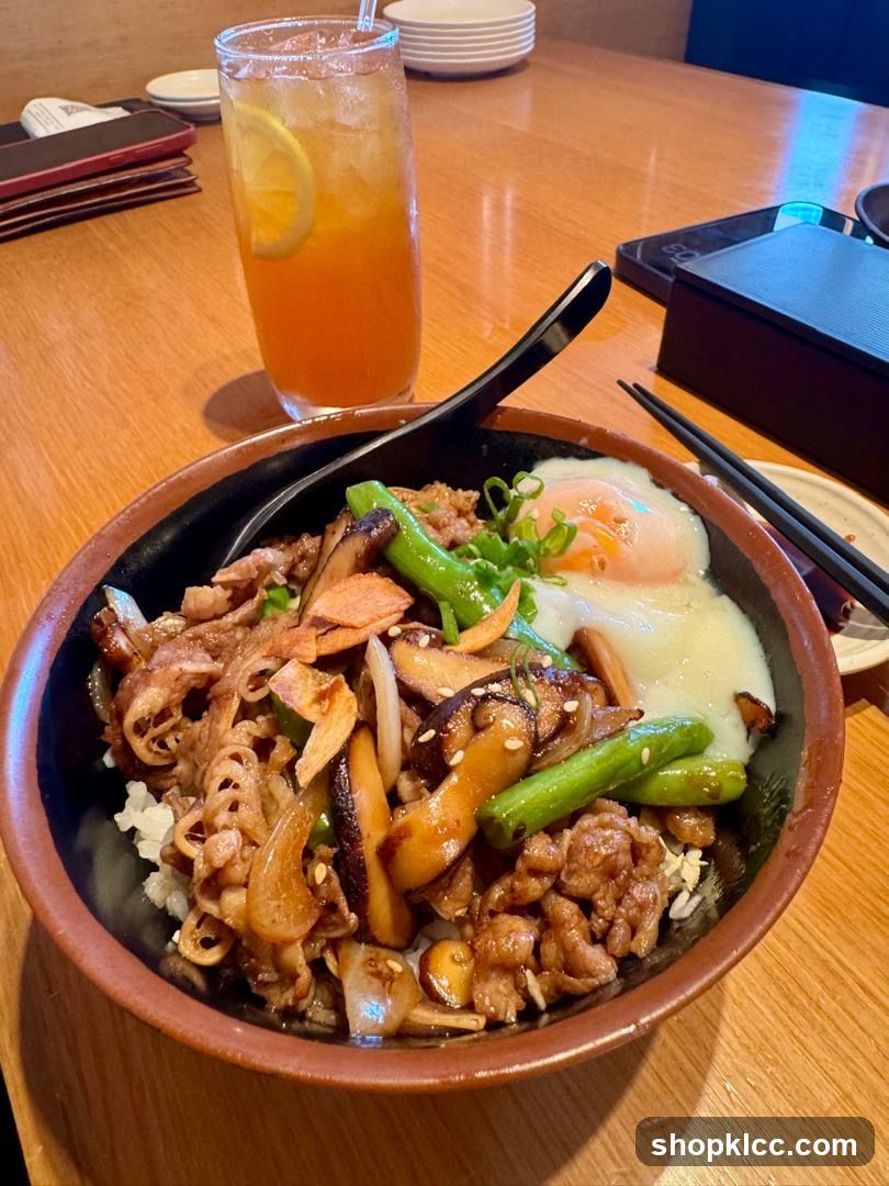 Beef and Egg Rice Bowl with Iced Tea