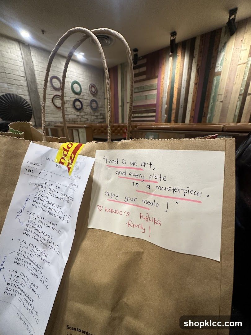 Nando's Takeout Bag with Receipt and Note