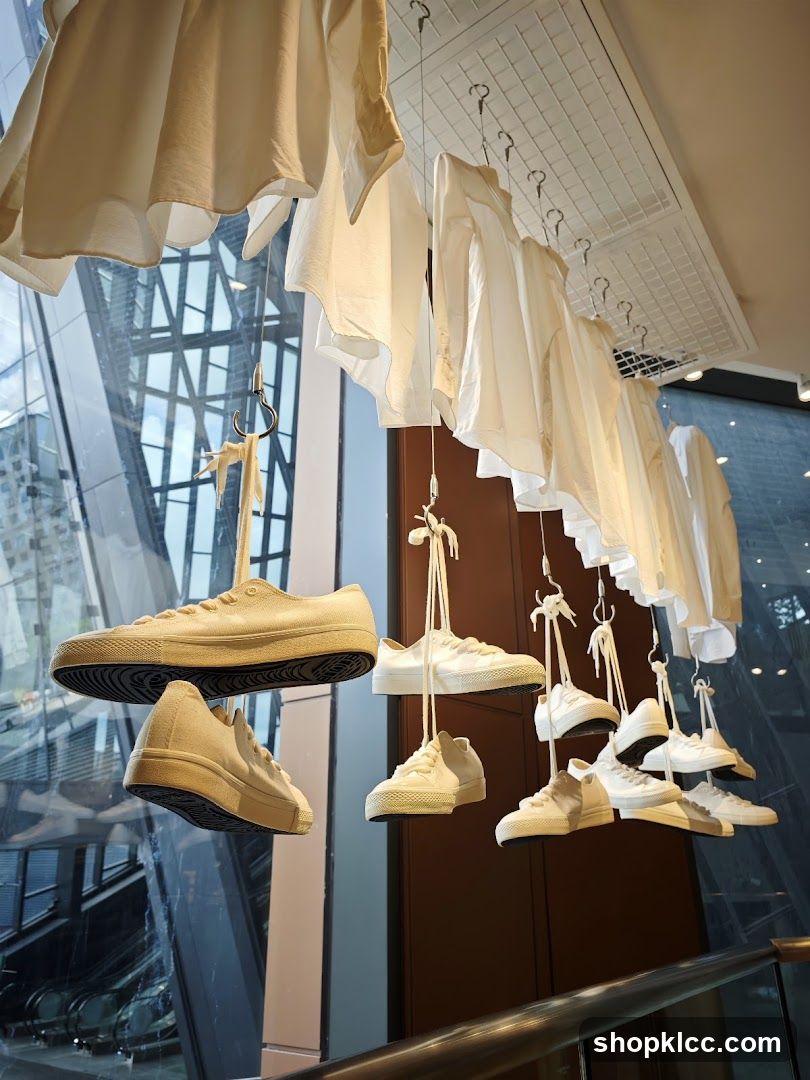 Hanging Display of White Shirts and Sneakers