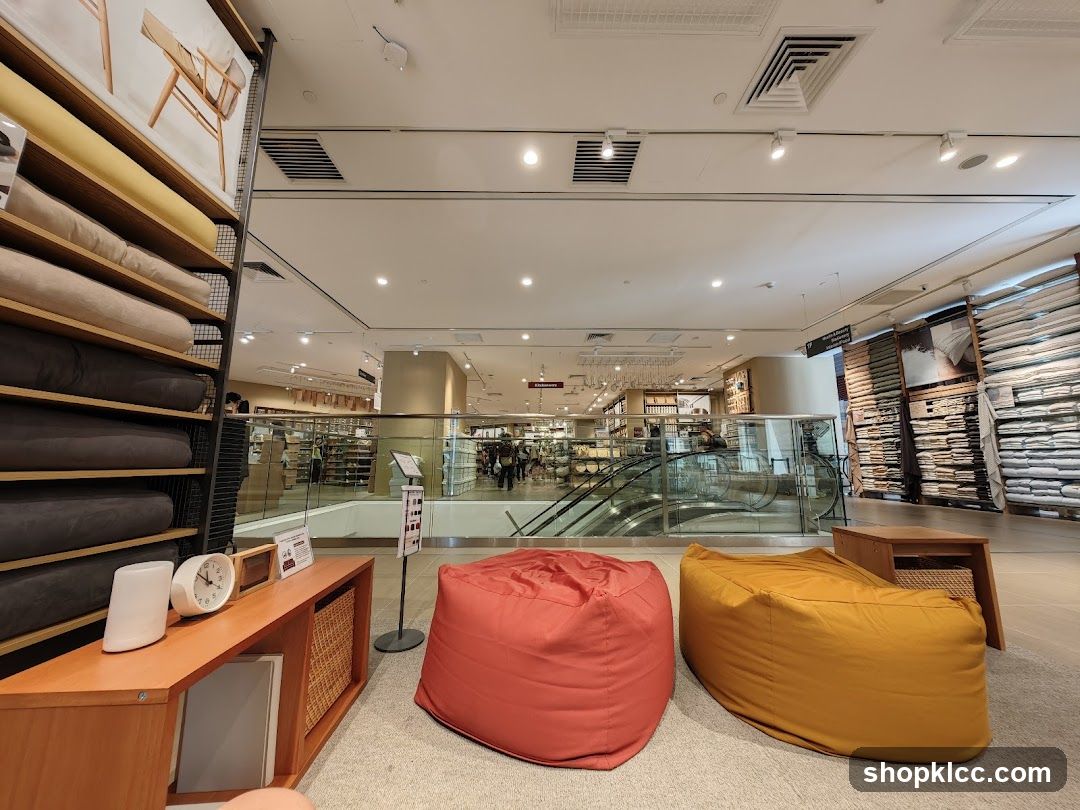 Interior of a retail store with beanbag chairs and shelving