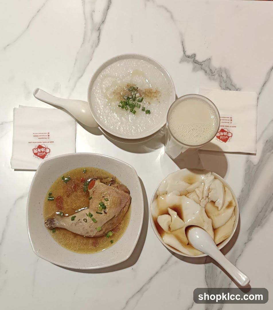 Meal with Chicken, Congee, and Tofu Pudding