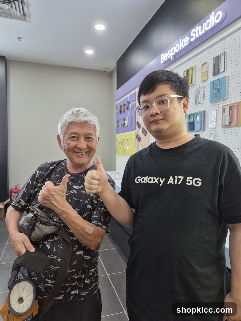 Two men giving thumbs up in a store