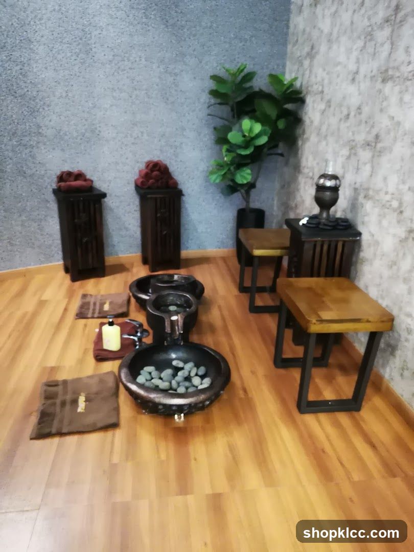 Spa Interior with Stone Basins and Wooden Furniture