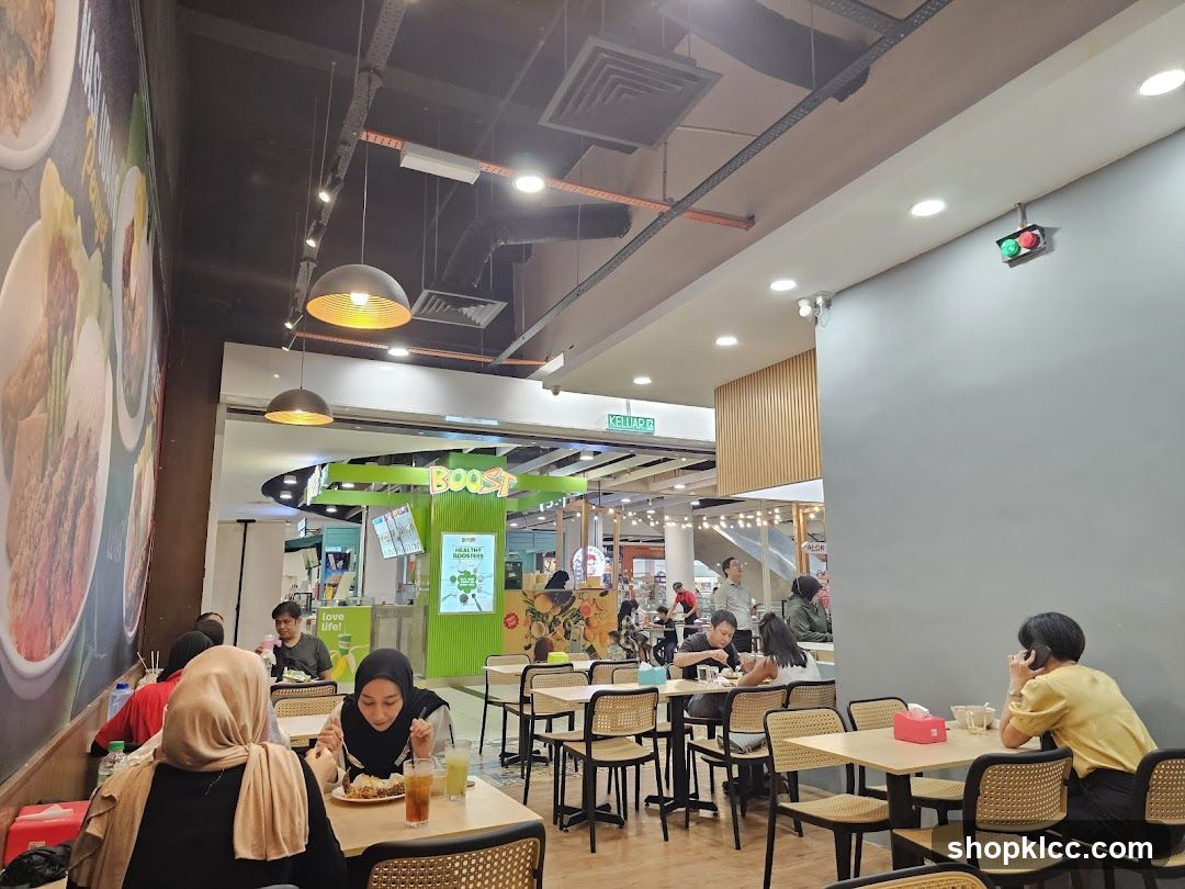 Indoor dining area with people eating