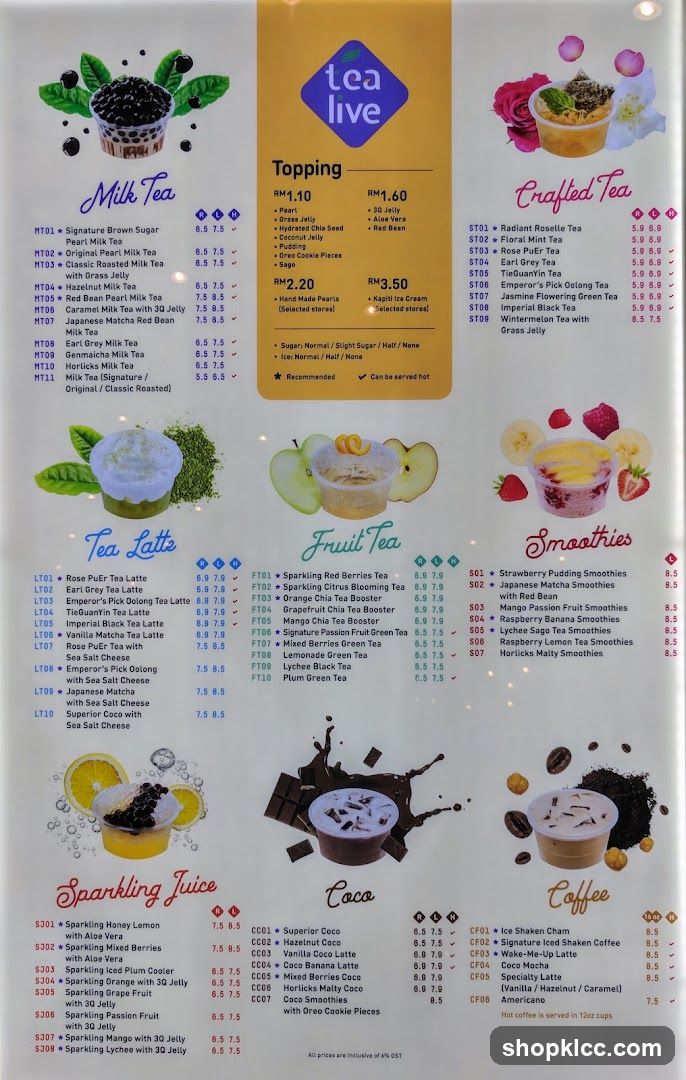 Tea Live Menu