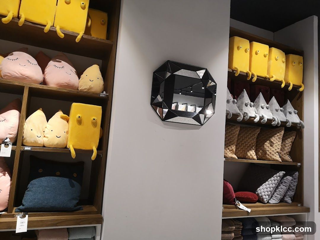 Plush toys and home decor on shelves