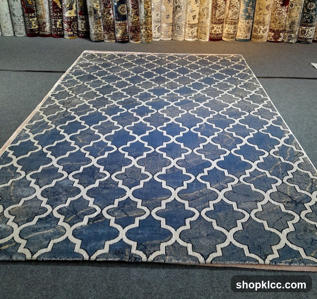 Blue and White Geometric Pattern Rug