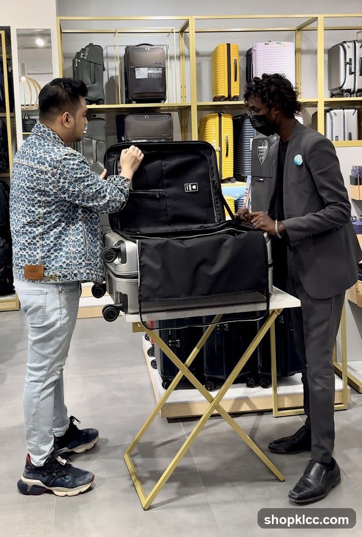 Salesperson assisting customer with luggage