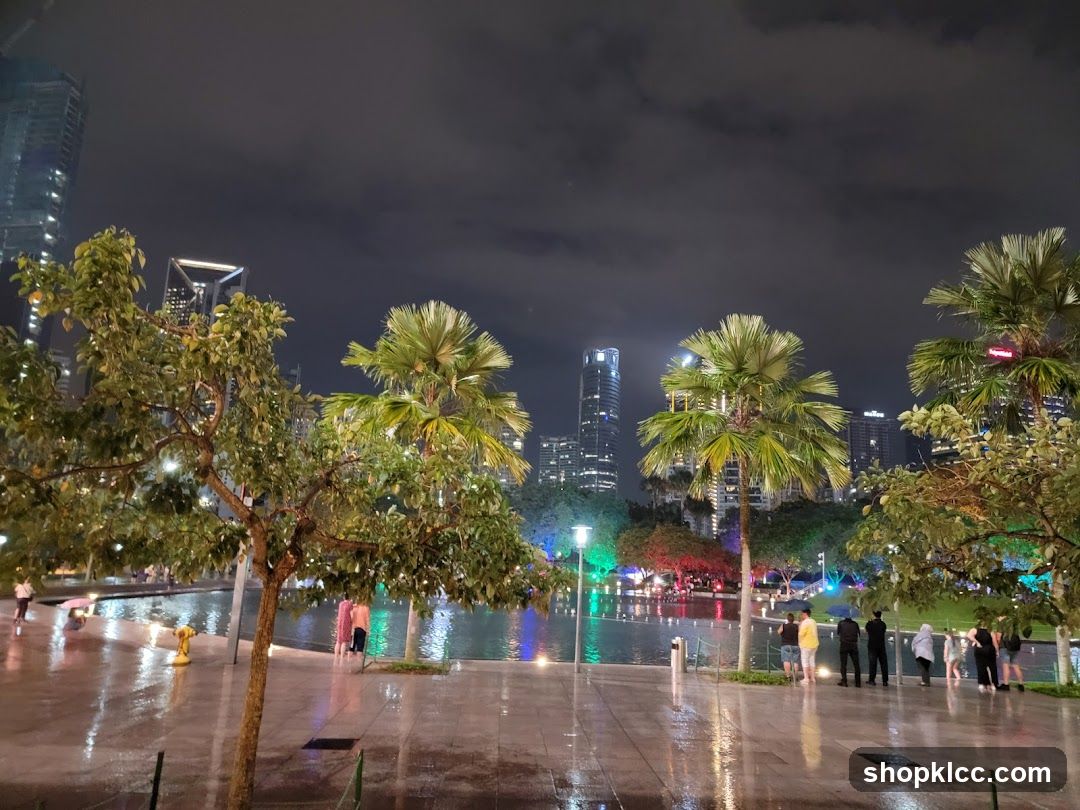 Nighttime park with city skyline