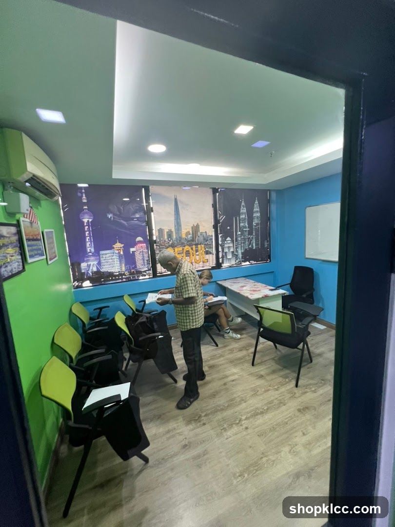 Classroom Interior with Cityscape Wall Art