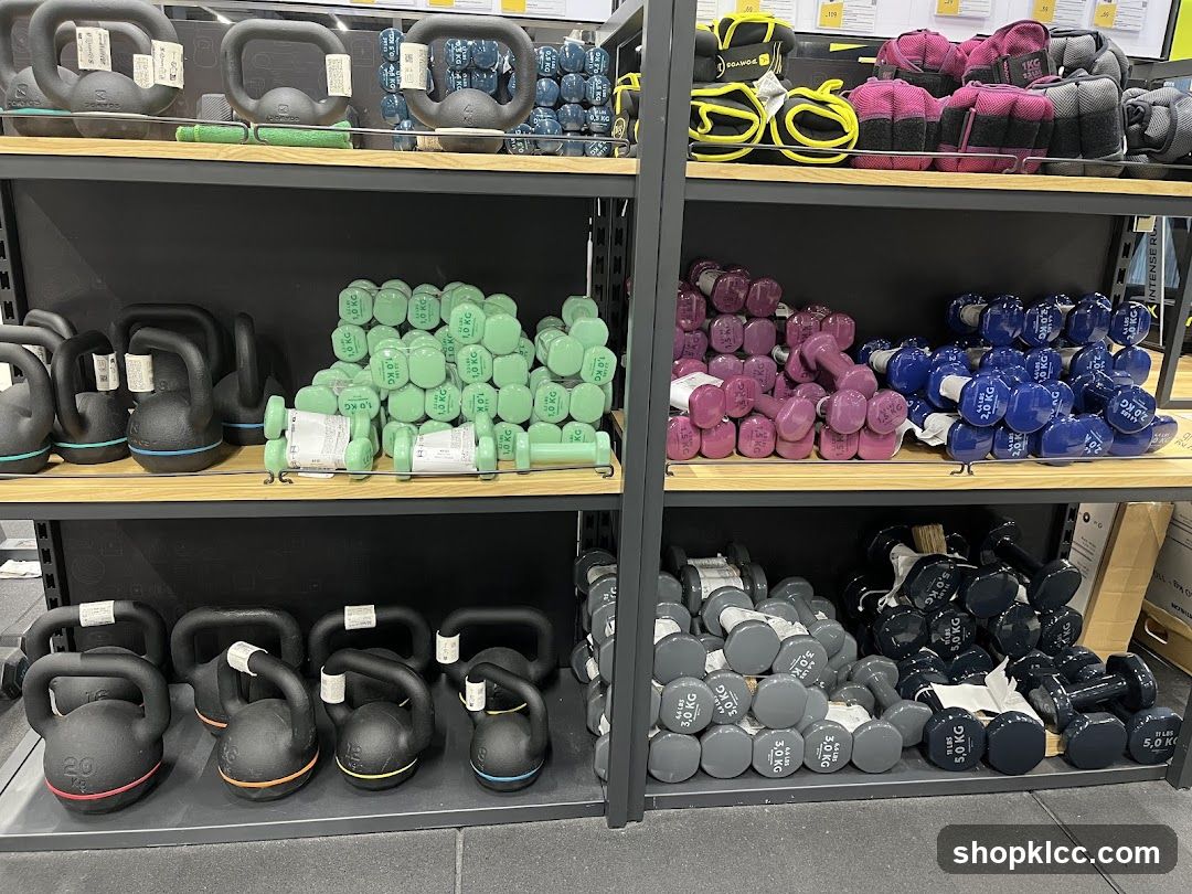 Dumbbells and Kettlebells on Shelves