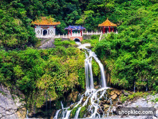 Waterfall with Traditional Pavilions