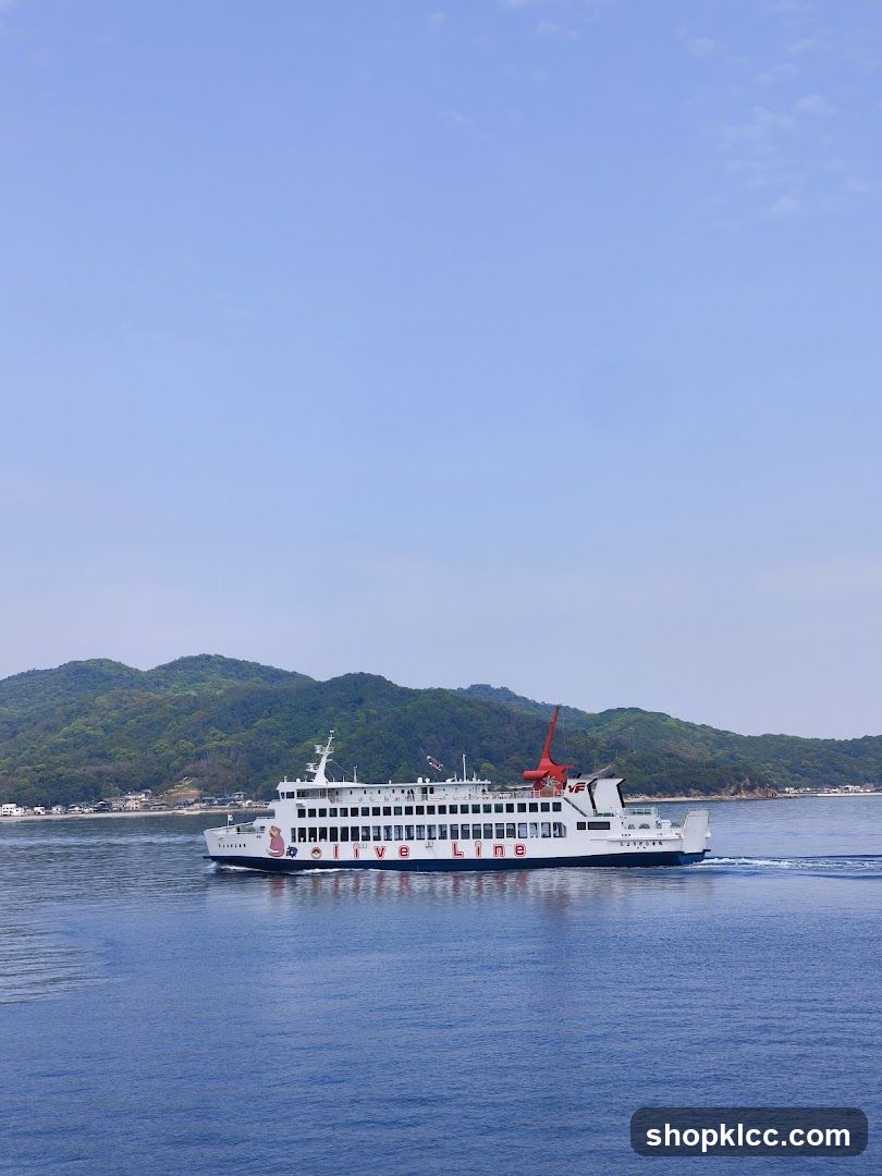 Ferry on the water with hills in background