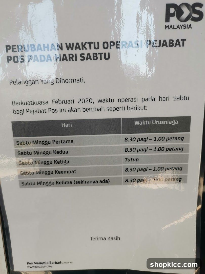 Perubahan Waktu Operasi Pejabat Pos pada Hari Sabtu