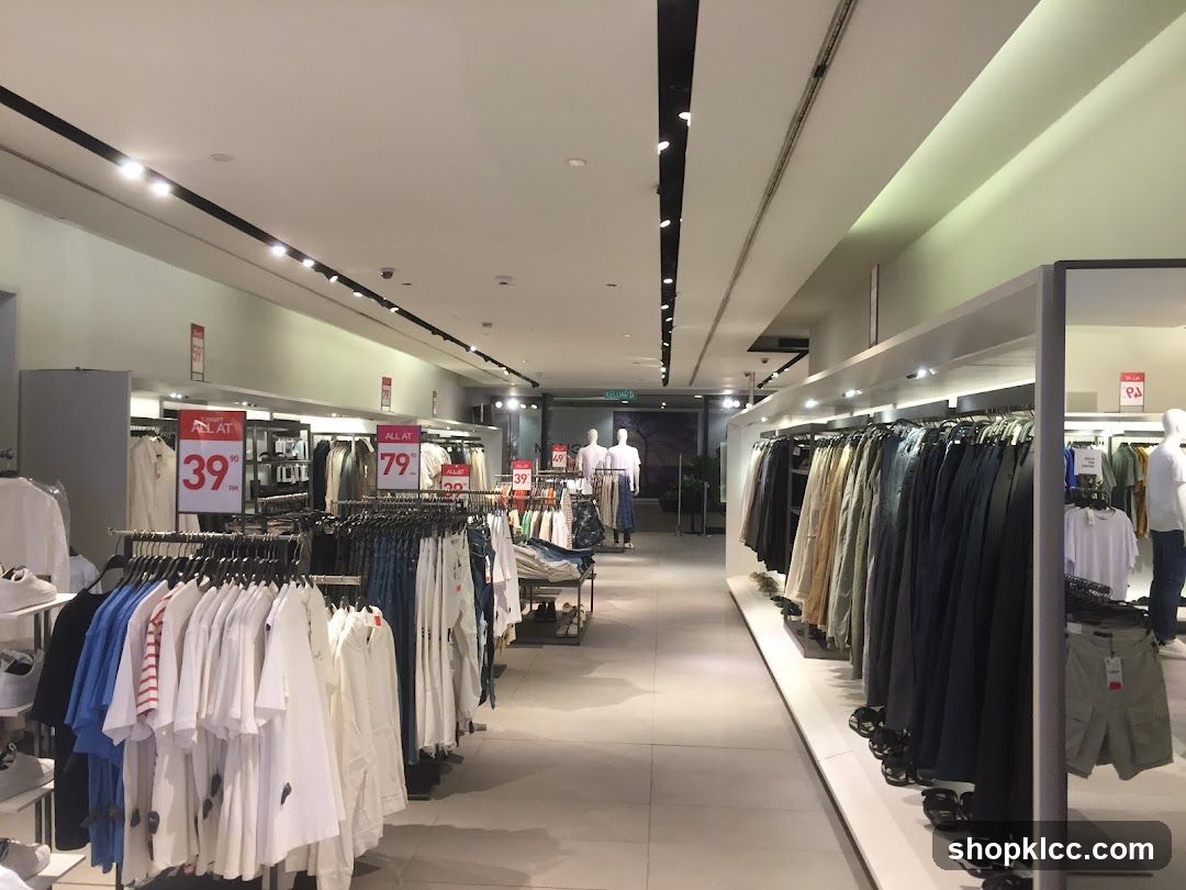 Clothing store interior with sale signs