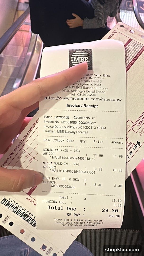 MBE Sunway Pyramid Receipt