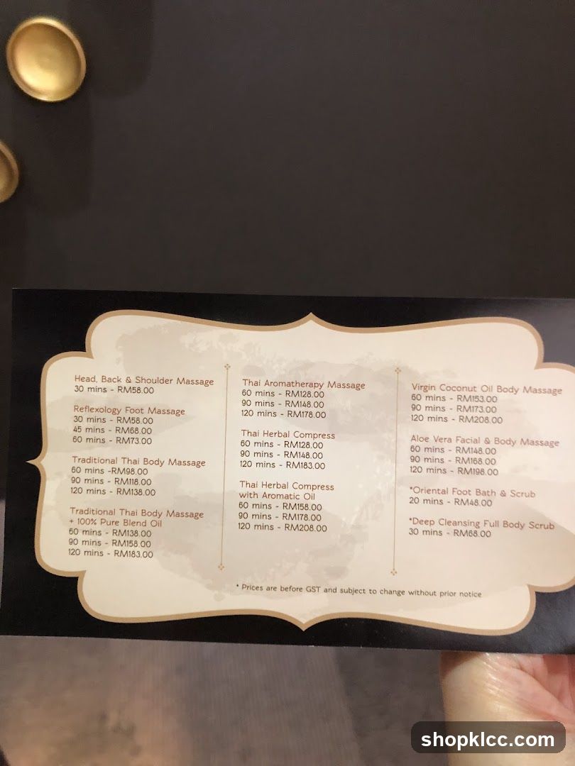 Massage Menu