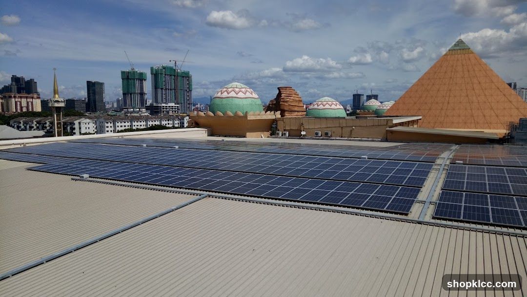 Rooftop Solar Panels with Cityscape and Themed Buildings