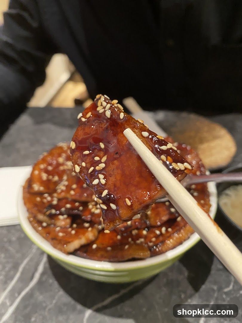 Close-up of glazed meat with sesame seeds