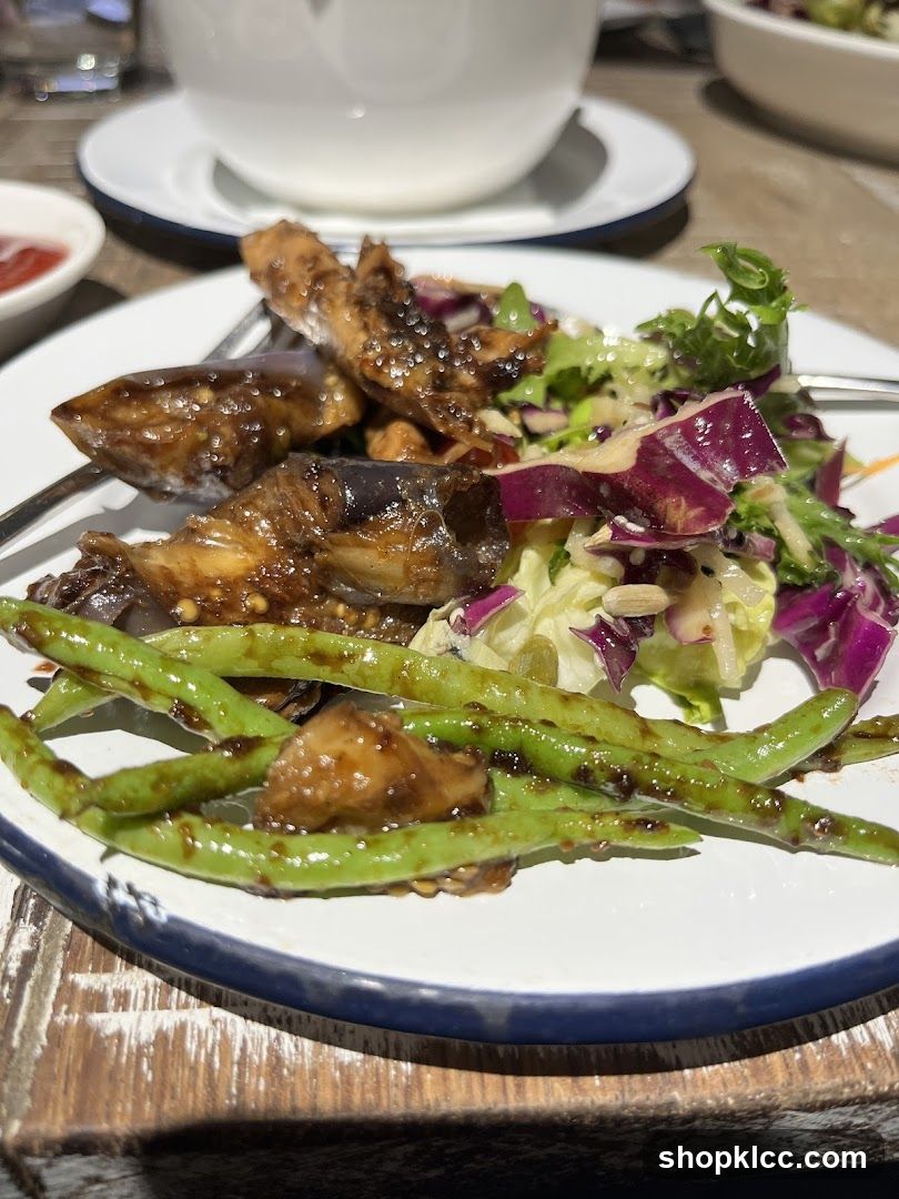 Glazed Eggplant and Green Beans with Salad