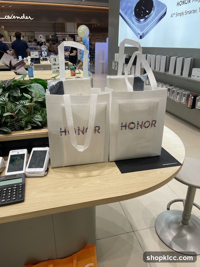 Store interior with promotional bags