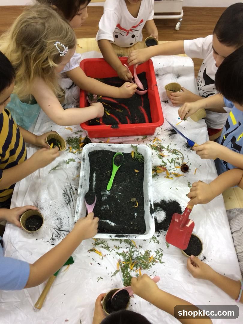 Children playing with dirt and plants