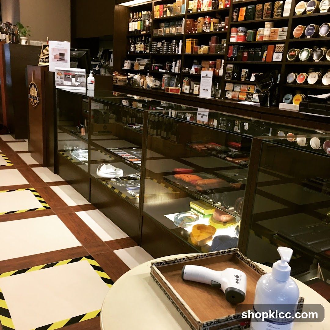 Interior of a shop with glass display cases and shelves
