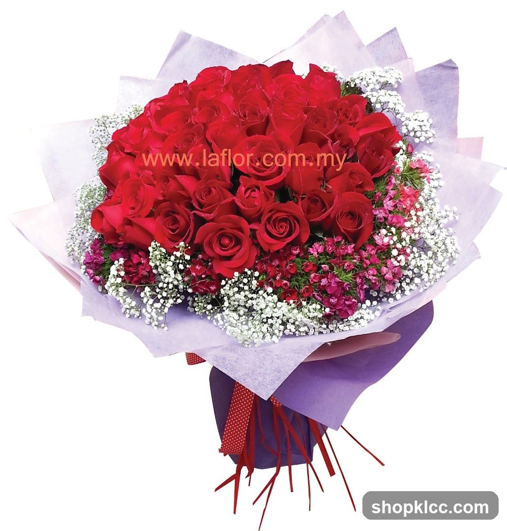 Red Rose Bouquet with Baby's Breath and Pink Flowers