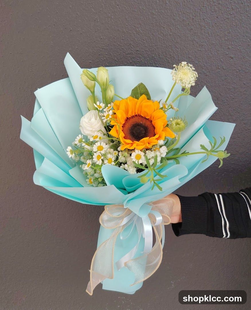 Sunflower Bouquet with Blue Wrapping Paper