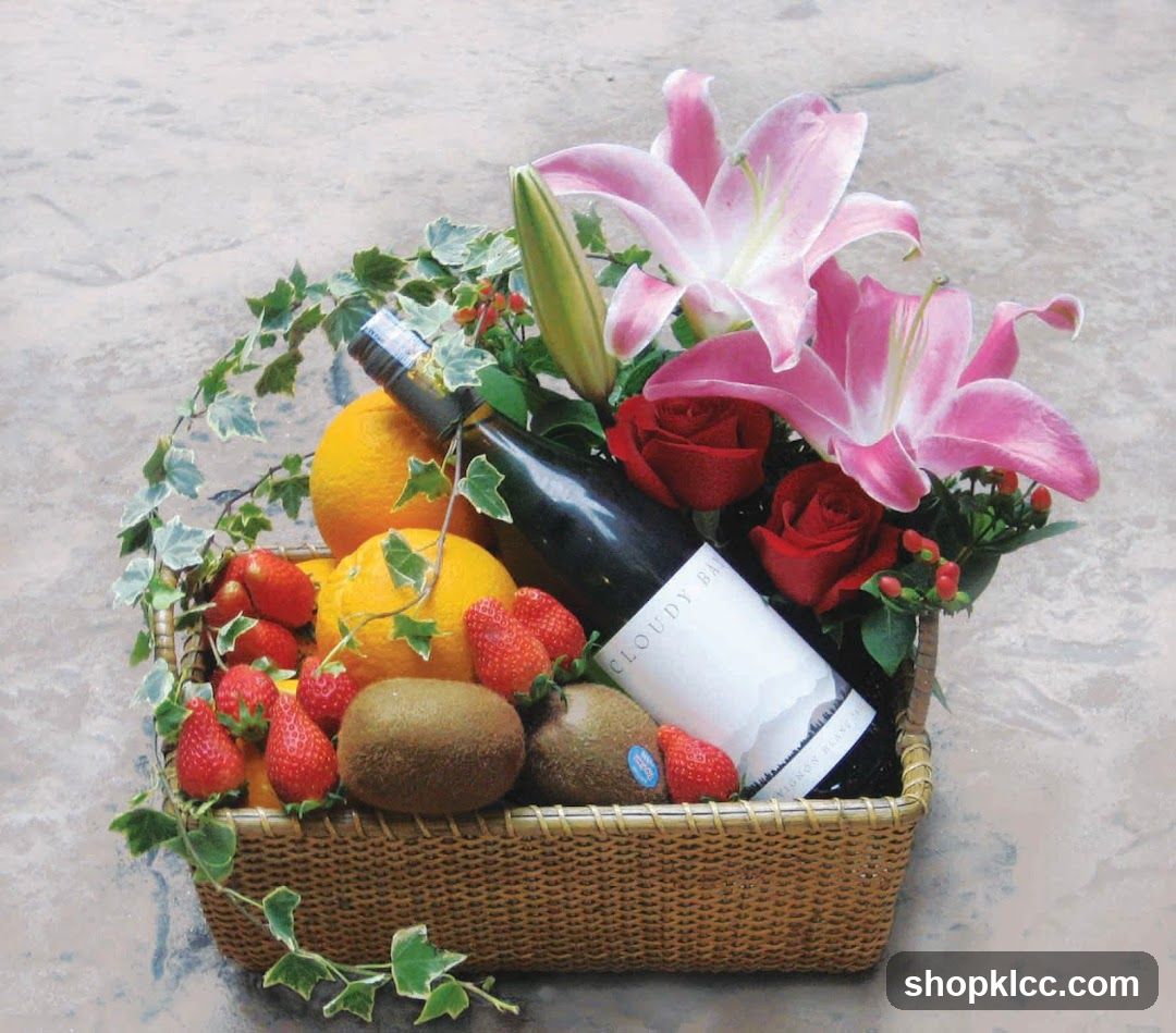 Fruit and Wine Basket with Flowers