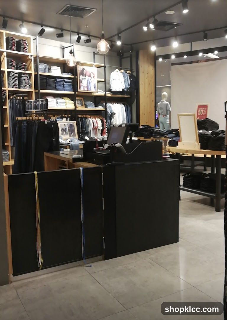 Clothing store interior with merchandise and checkout counter