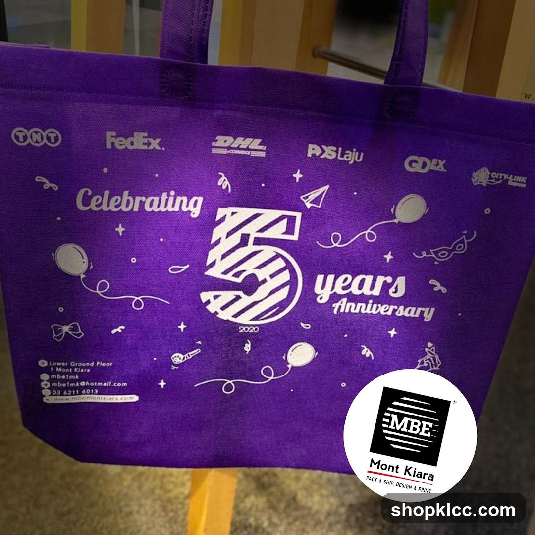 Purple tote bag celebrating 5th anniversary