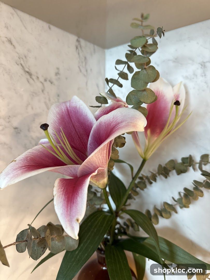 Pink and White Lilies with Eucalyptus