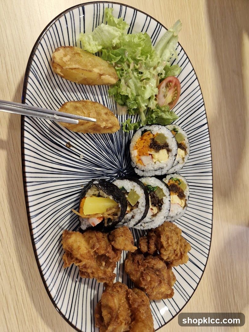 Korean Fried Chicken and Kimbap Platter