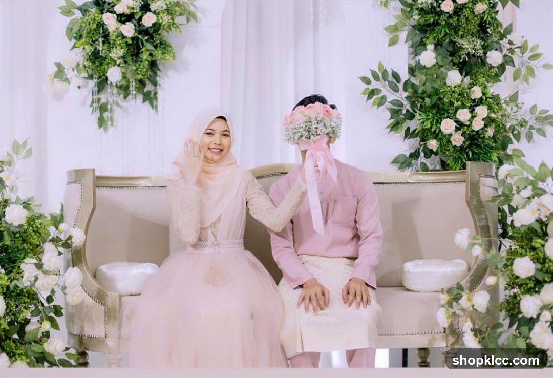 Wedding Couple Posing with Flowers