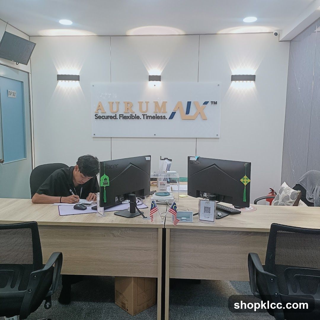 Office Desk with Computers and Signage
