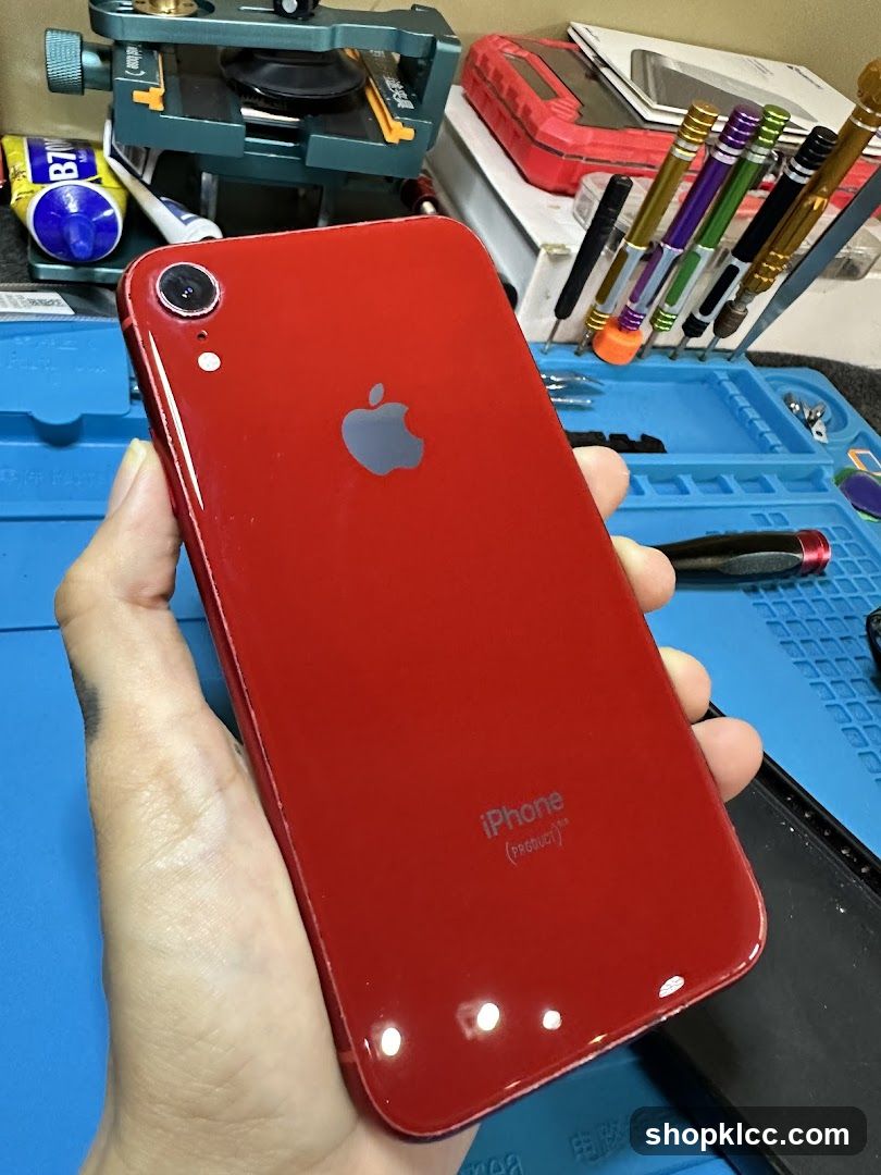 Red iPhone with Repair Tools
