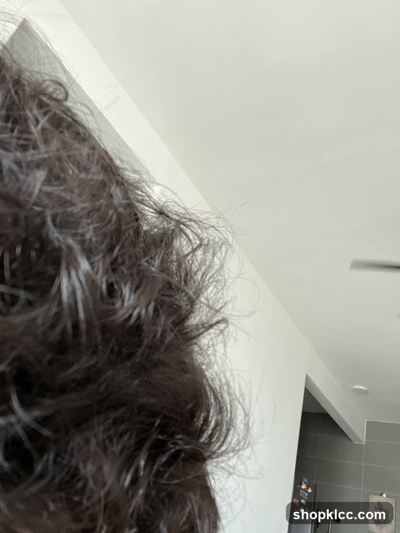 Close-up of dark, curly hair against a white wall