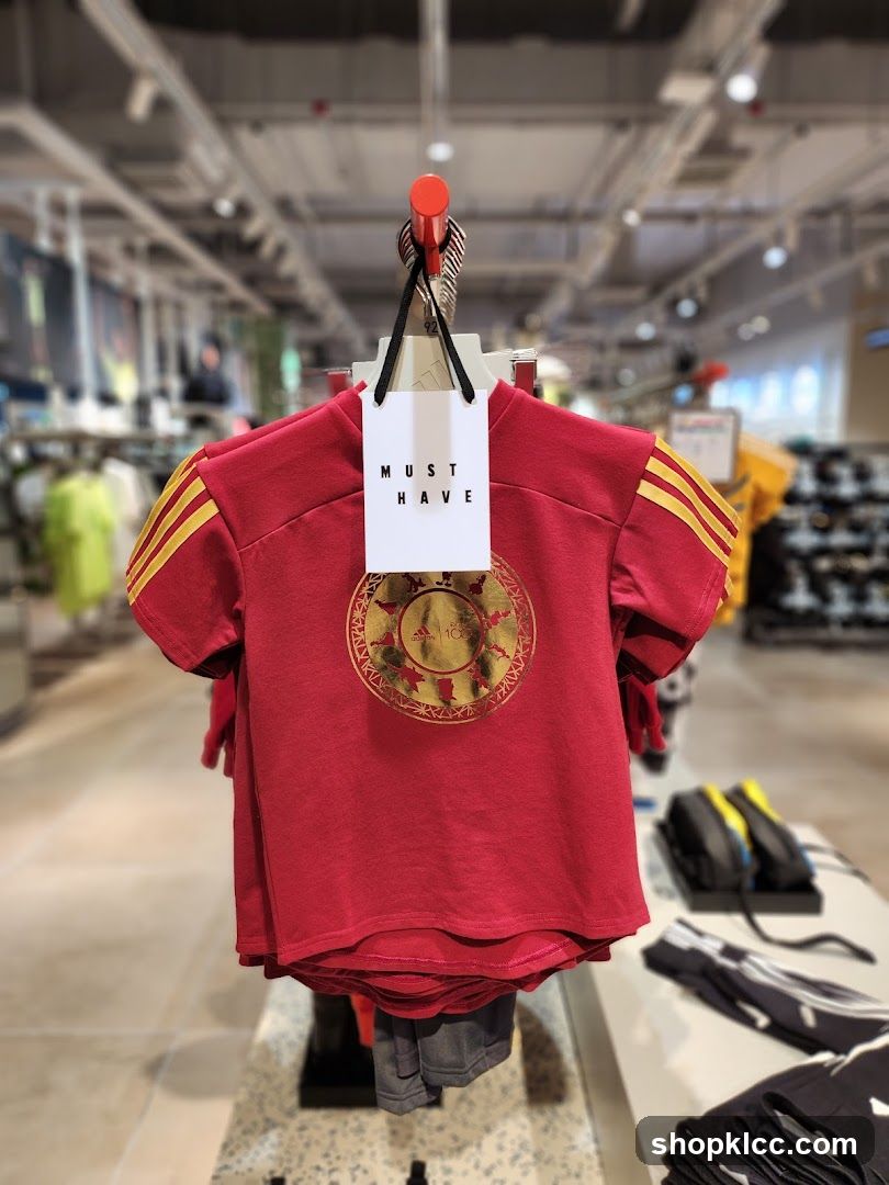 Red T-shirt with gold emblem and stripes