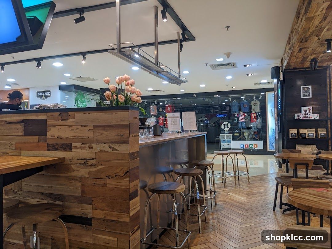 Coffee shop interior with seating and merchandise