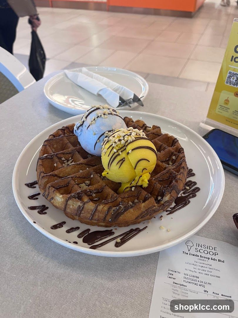 Waffle with Ice Cream and Receipt