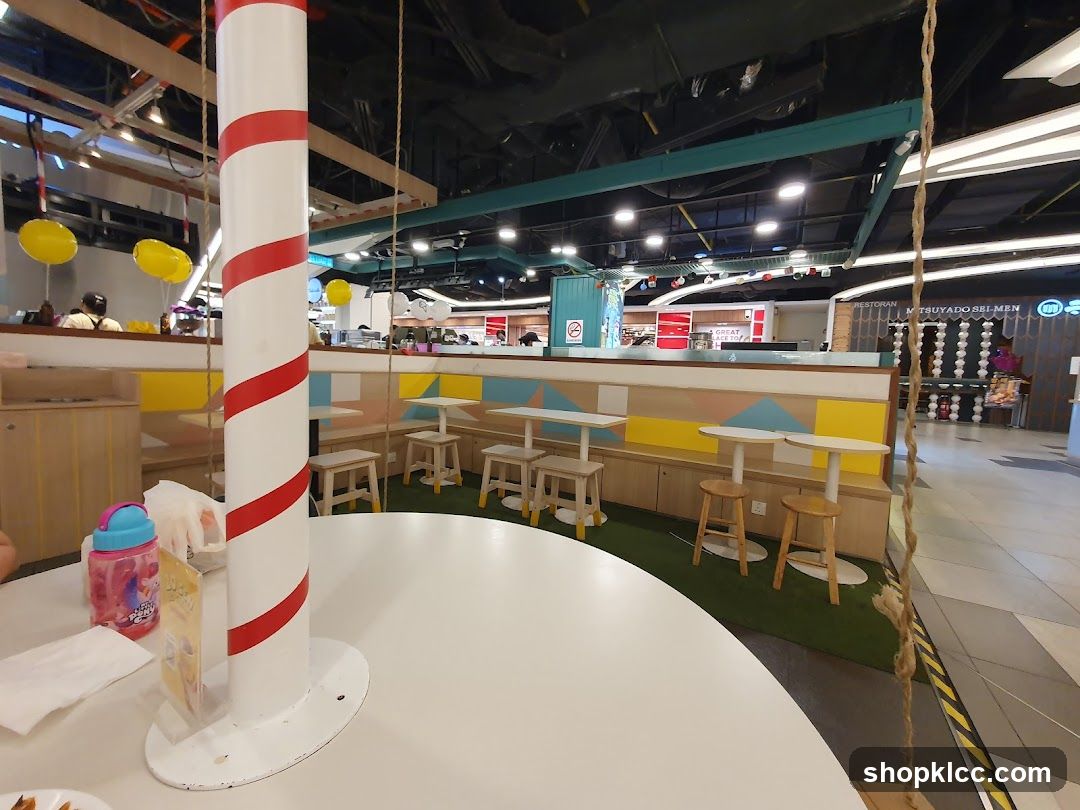 Indoor seating area with colorful decor