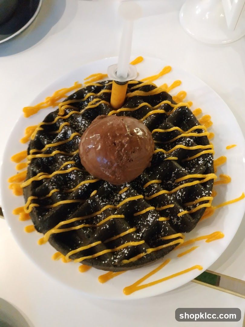 Chocolate waffle with ice cream and sauce