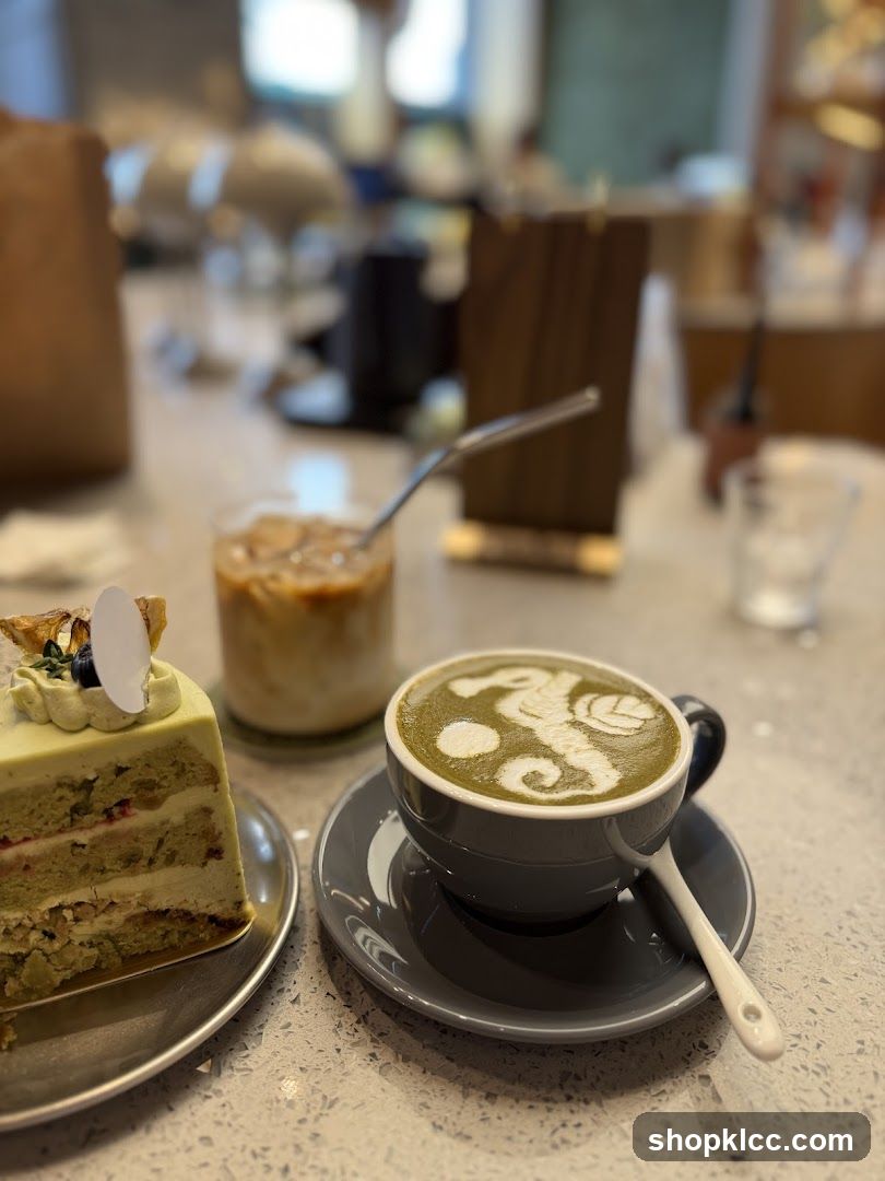 Matcha latte and cake