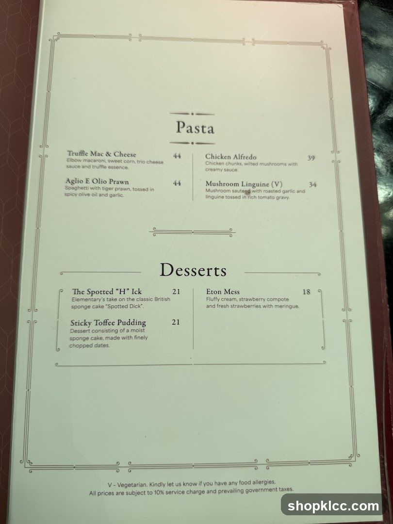 Pasta and Desserts Menu