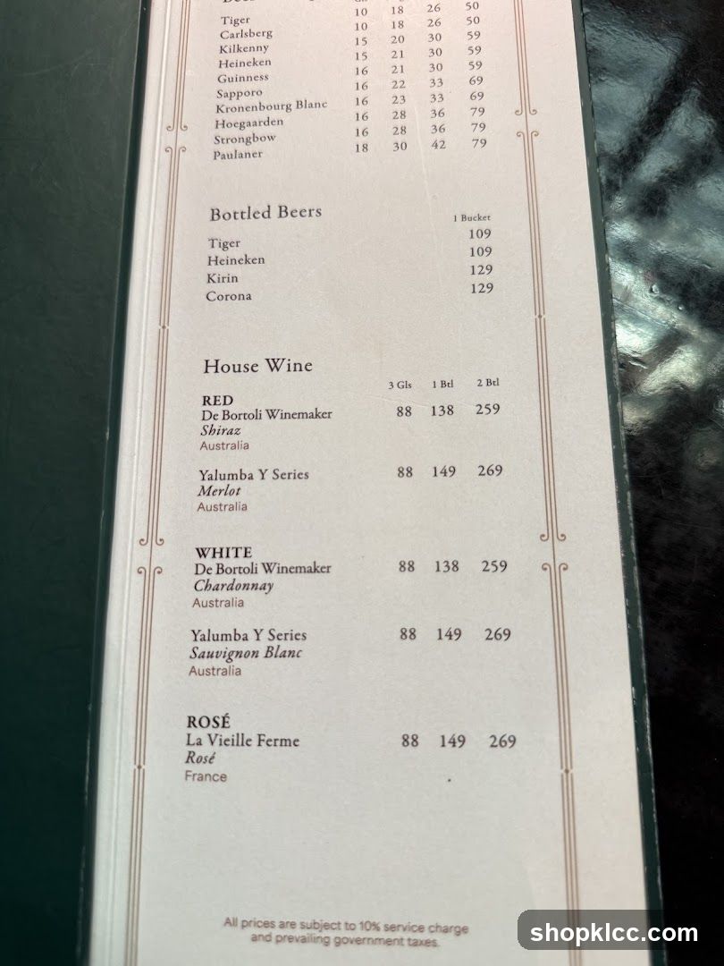 Bottled Beers and House Wine Menu