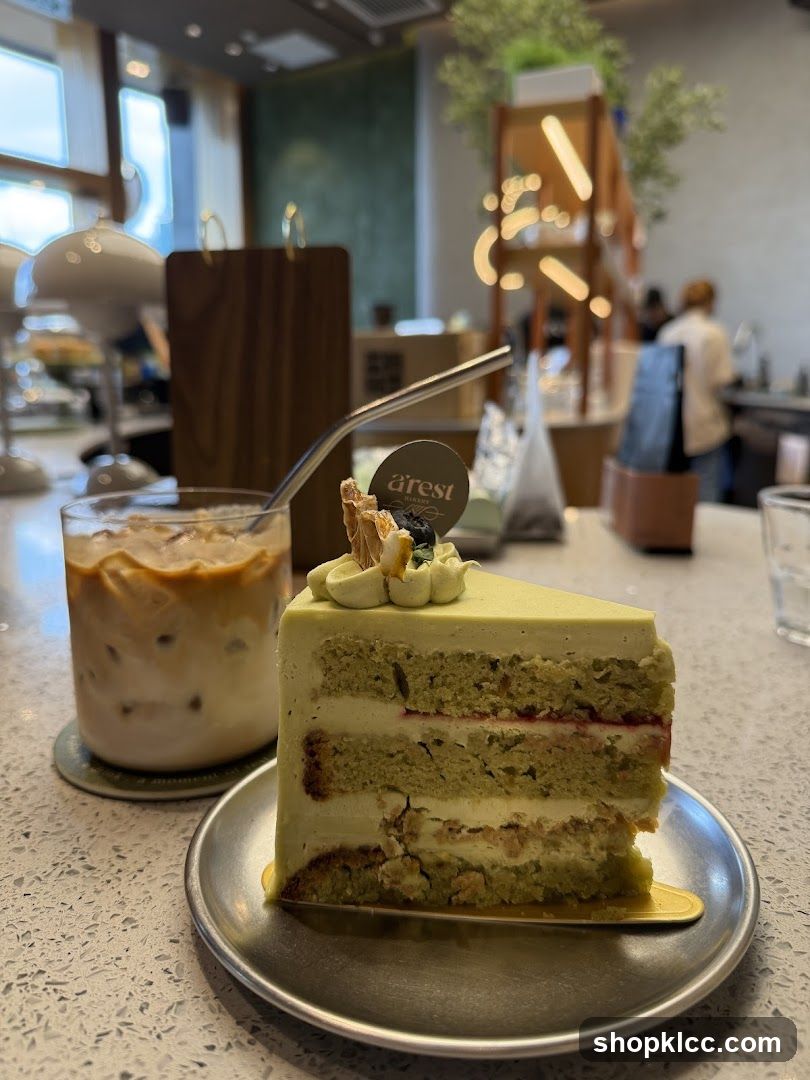 Slice of cake and iced coffee