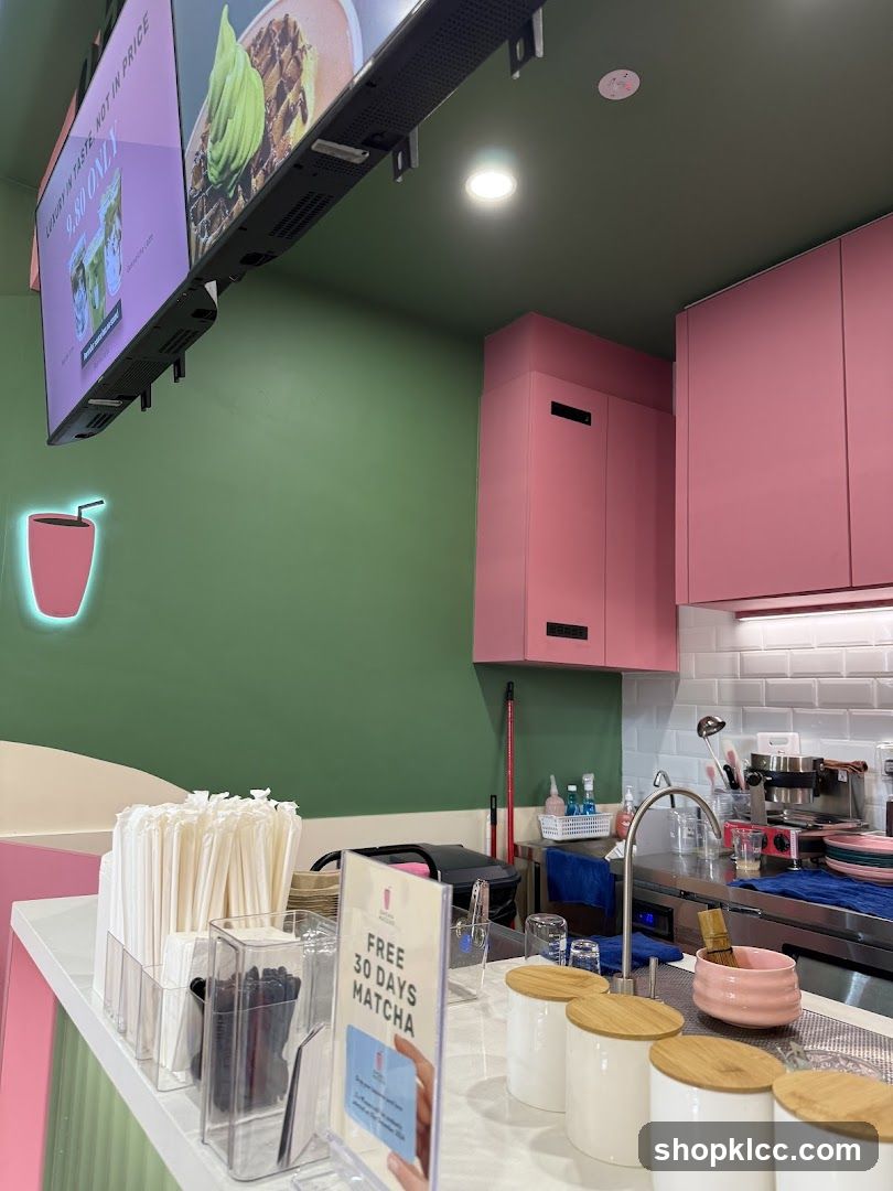 Countertop with promotional sign and kitchen equipment