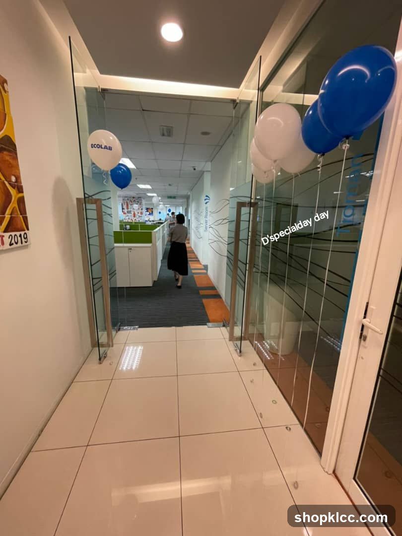 Office hallway with balloons