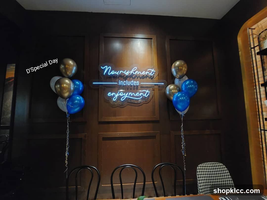 Restaurant Interior with Balloons and Neon Sign